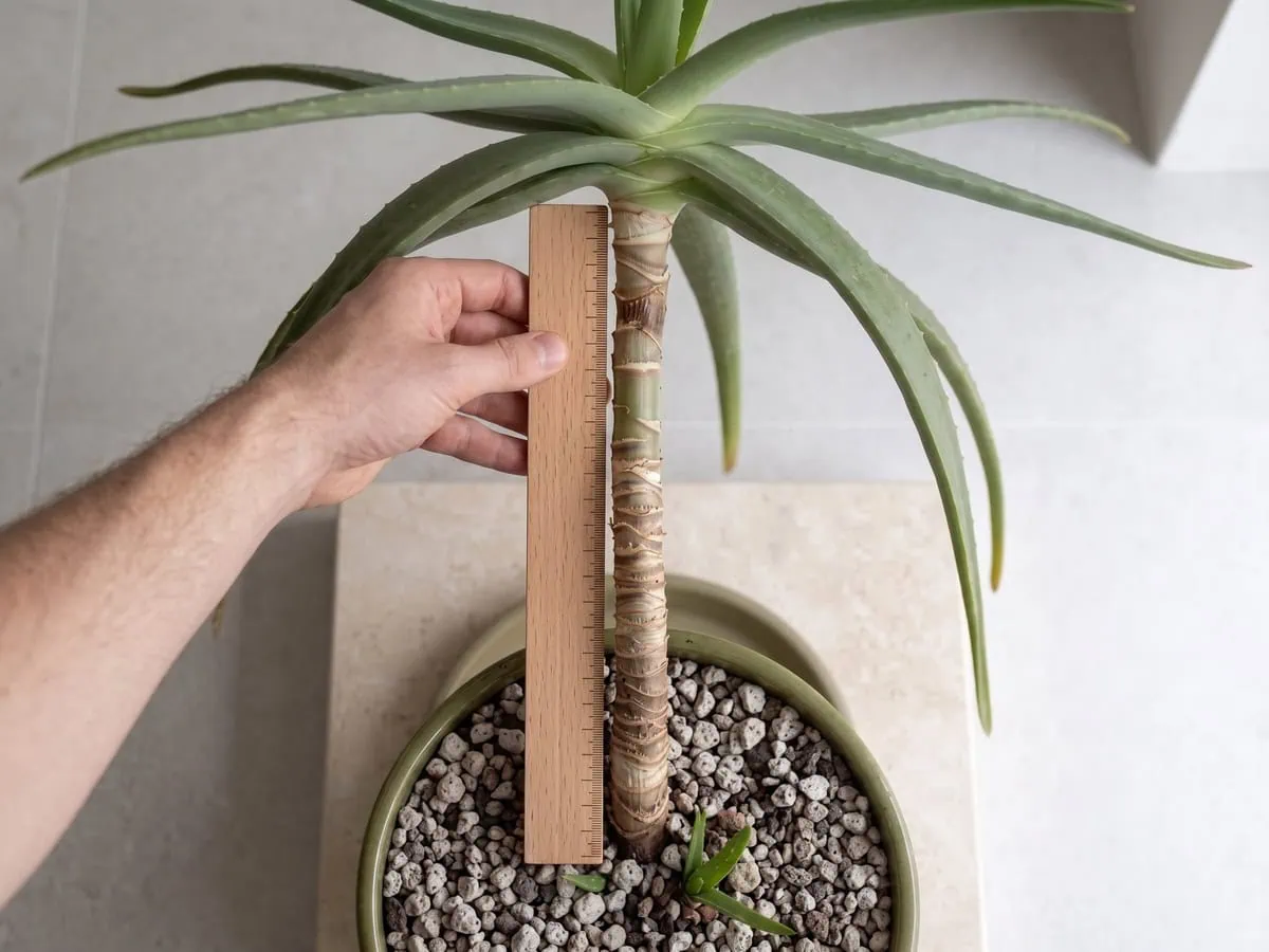 A ruler against a bare Aloe vera stem where the leaf scars widen upward, the spacing that dates the stretch.