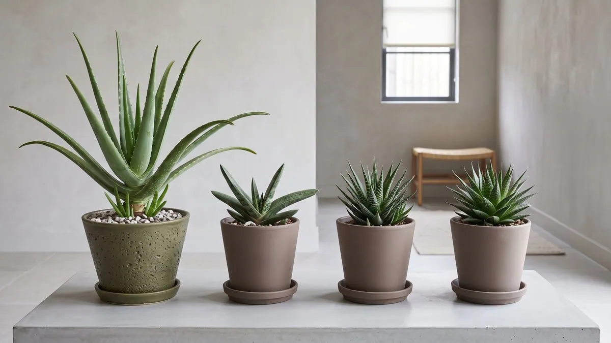 Aloe vera vs other Aloe plants how to tell them apart: four rosette succulents side by side in their own pots.