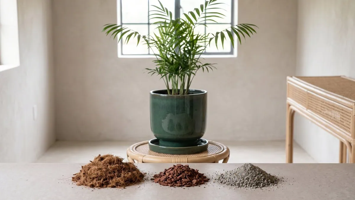 Best soil mix for a parlor palm in a pot: three ingredient piles laid out side by side in proportion.