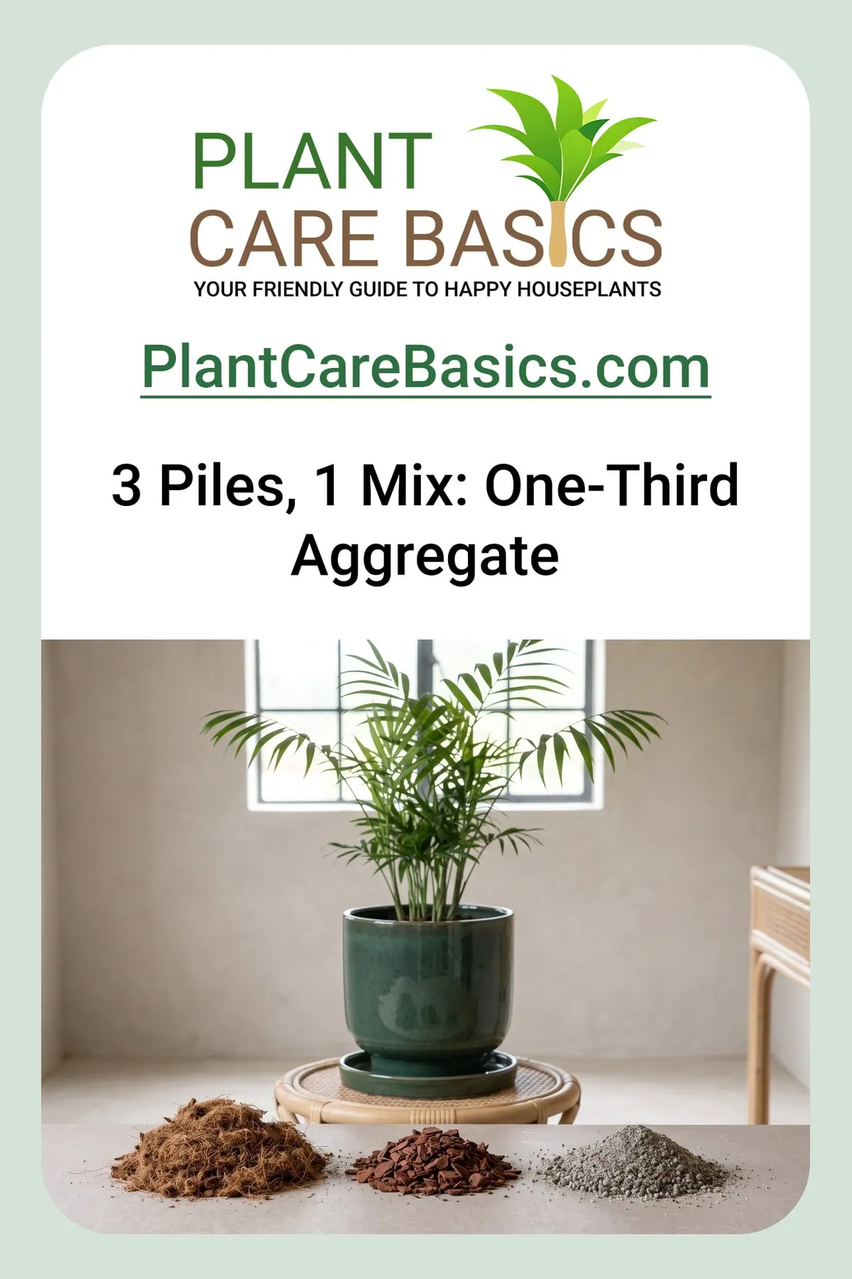 Best soil mix for a parlor palm in a pot: three ingredient piles laid out side by side in proportion.