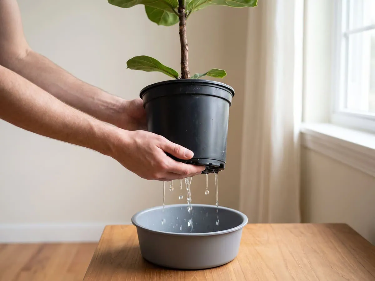 A drench running out of the drainage holes of the pot, clearing the larvae in the top layer.