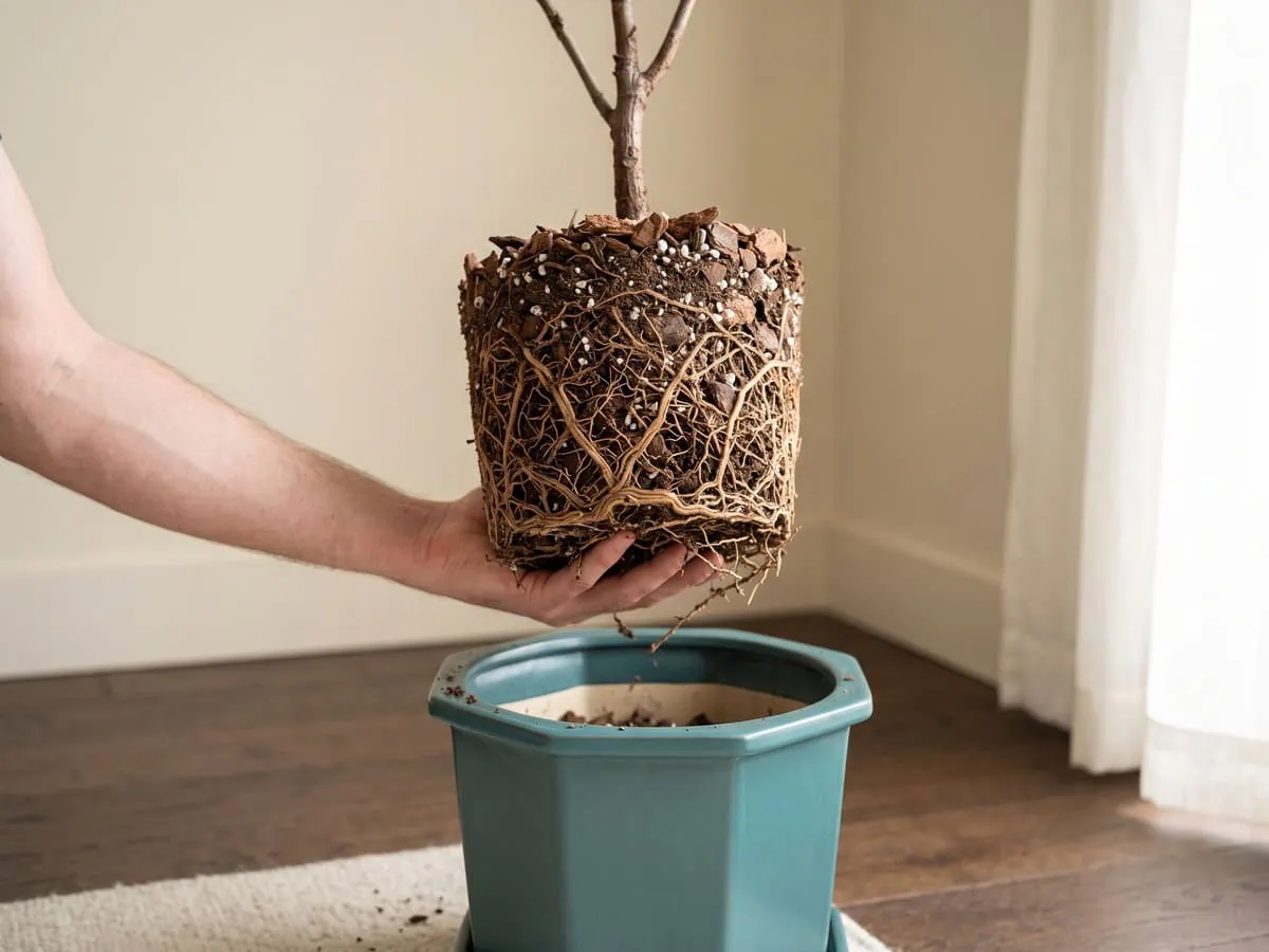 One hand lifting a whole root ball clear of its pot below, the same genus judged on care.