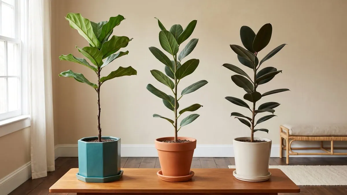 Fiddle leaf fig vs Ficus Audrey vs rubber plant: three whole trees stand side by side.