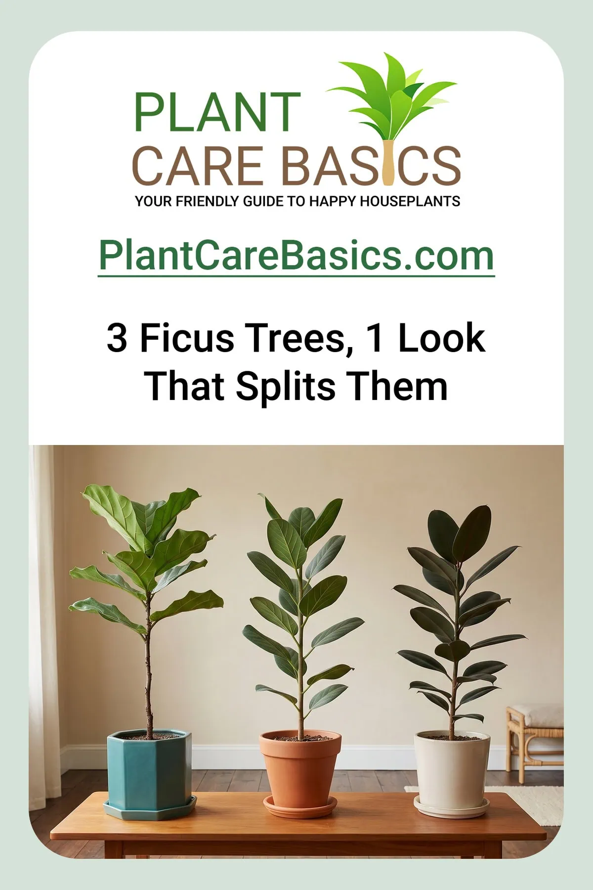 Fiddle leaf fig vs Ficus Audrey vs rubber plant: three whole trees stand side by side.