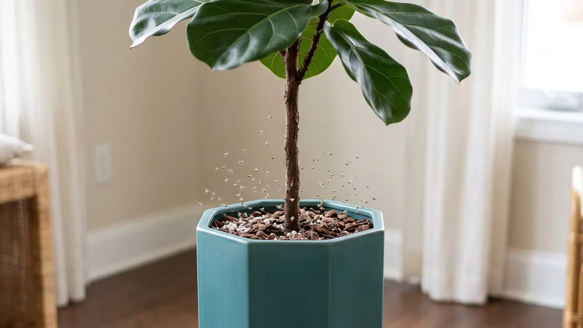 How to clear fungus gnats and soil mold from a fiddle leaf fig pot: gnats rise off the surface.