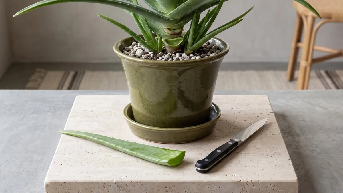How to cut Aloe vera leaves without hurting the plant or yourself: a cut leaf beside a flat straight blade.