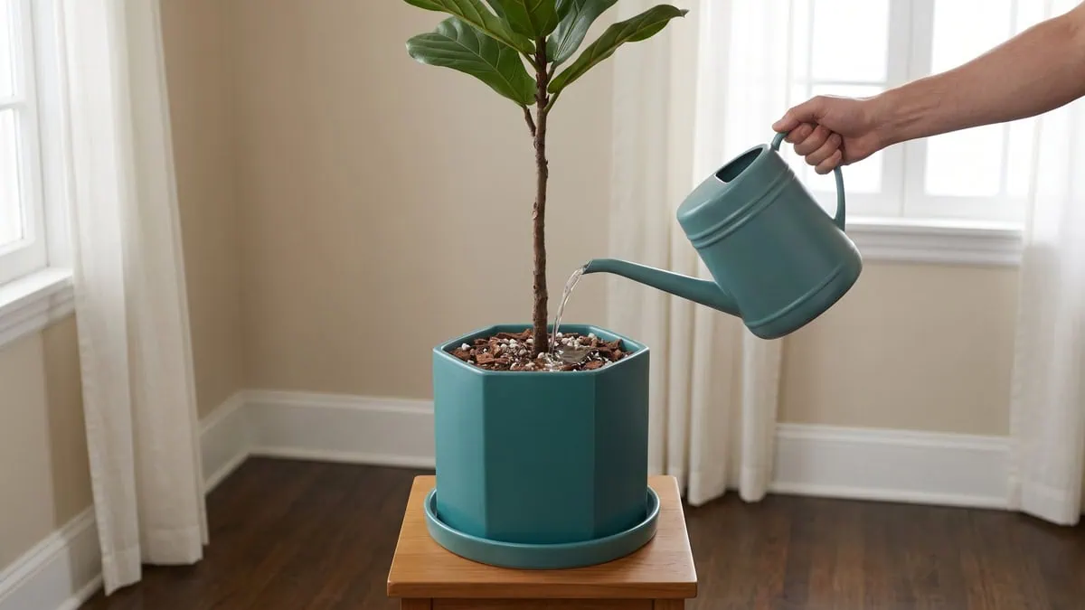 How often to water a fiddle leaf fig indoors: a can pours a steady stream onto the mix.