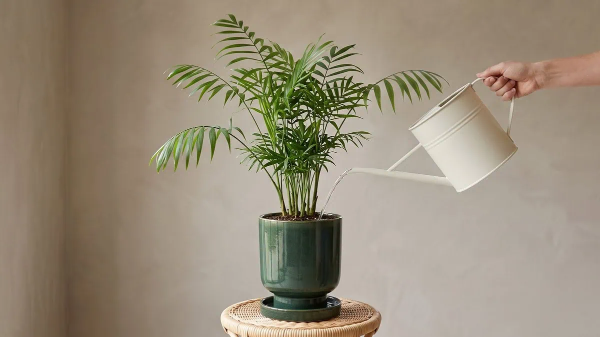 How often to water a parlor palm without root rot: a can tipping water onto the medium surface.