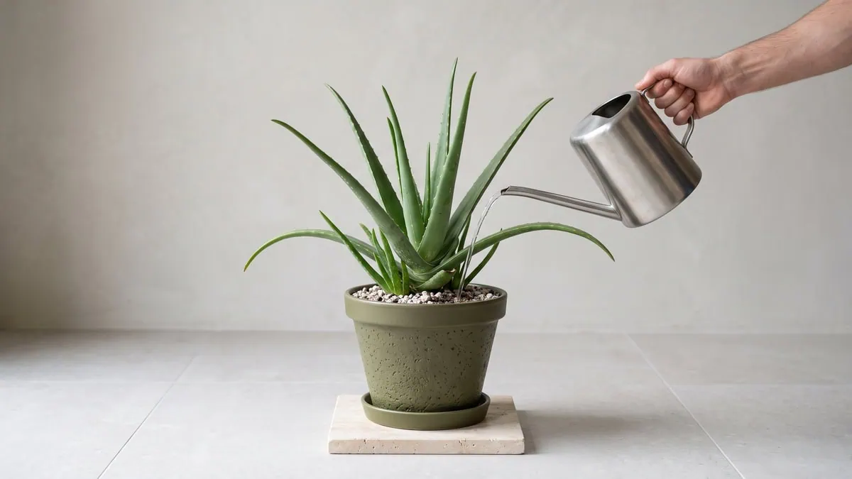 How often to water Aloe vera indoors step by step: water pouring from a steel can into the pot mix.