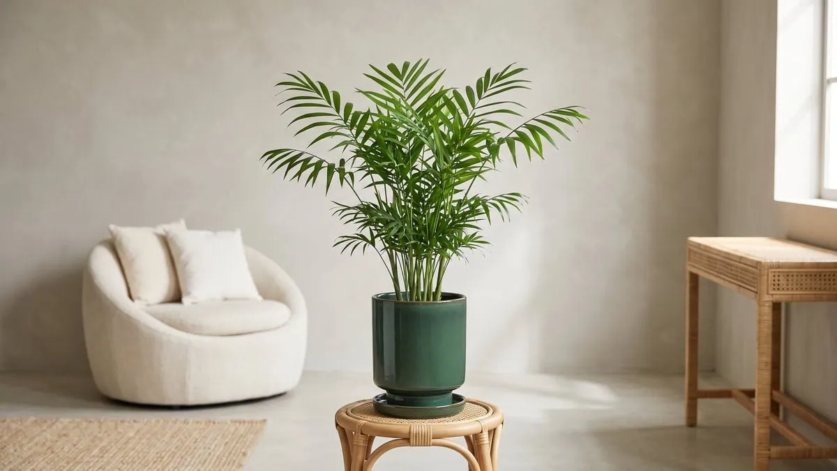 How to care for a parlor palm indoors: a multi-stem palm stands in one pot, fronds arching out beside a low chair and rug.