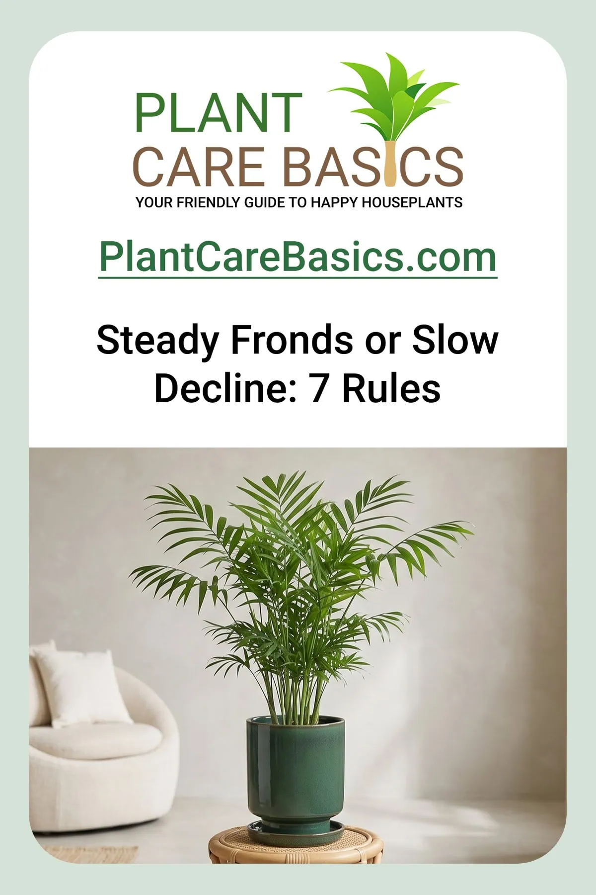 How to care for a parlor palm indoors: a multi-stem palm stands in one pot, fronds arching out beside a low chair and rug.