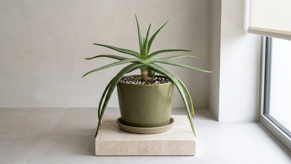 How to fix a leggy Aloe vera drooping over the pot: the rosette flattened out with bare stem below.