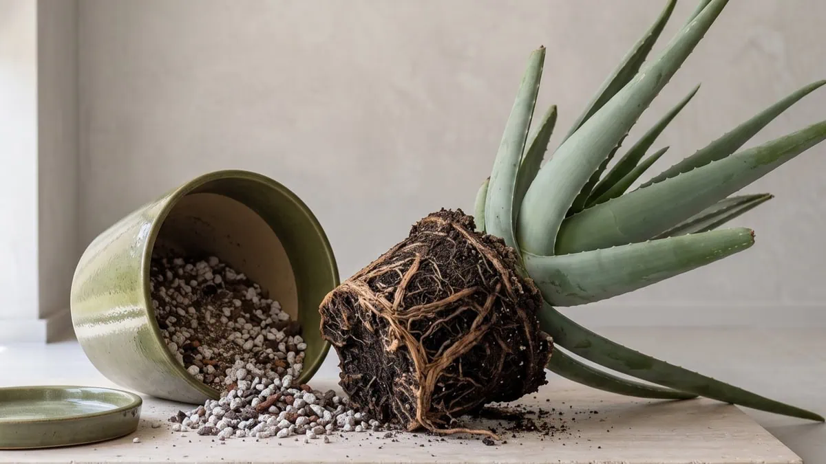 How to fix Aloe vera root rot without losing the plant: the rosette tipped out beside its pot, roots blackened.