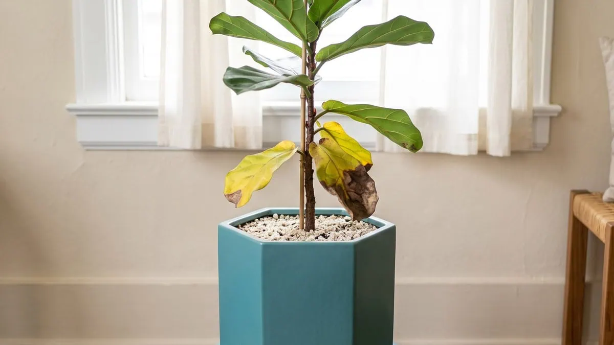 How to fix fertilizer burn on a fiddle leaf fig: a pale crust on the mix, lower leaves dead.