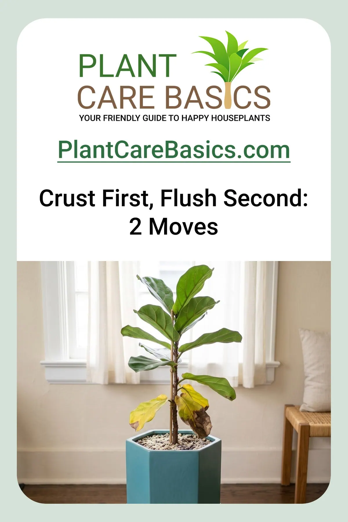 How to fix fertilizer burn on a fiddle leaf fig: a pale crust on the mix, lower leaves dead.