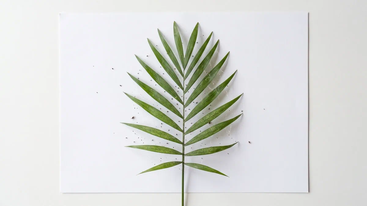 How to get rid of spider mites and scale on a parlor palm: tiny dark specks on white paper below a frond.