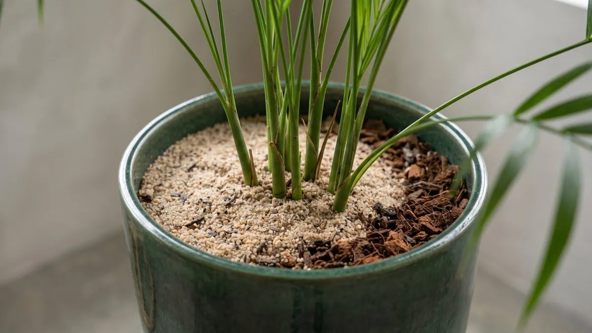 How to help a parlor palm recover after repotting: upright stems over a surface of pale sand and bark.