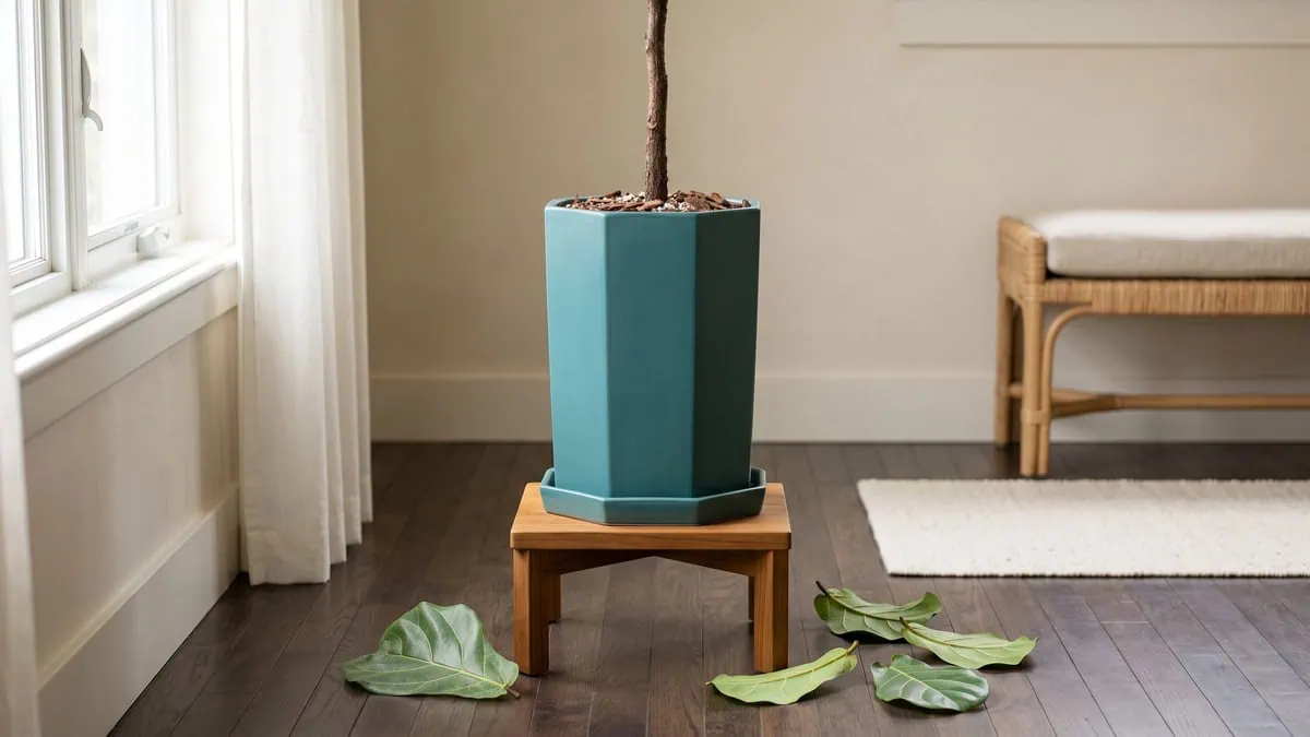 How to move a fiddle leaf fig outside without losing leaves: shed leaves lie on the floor.