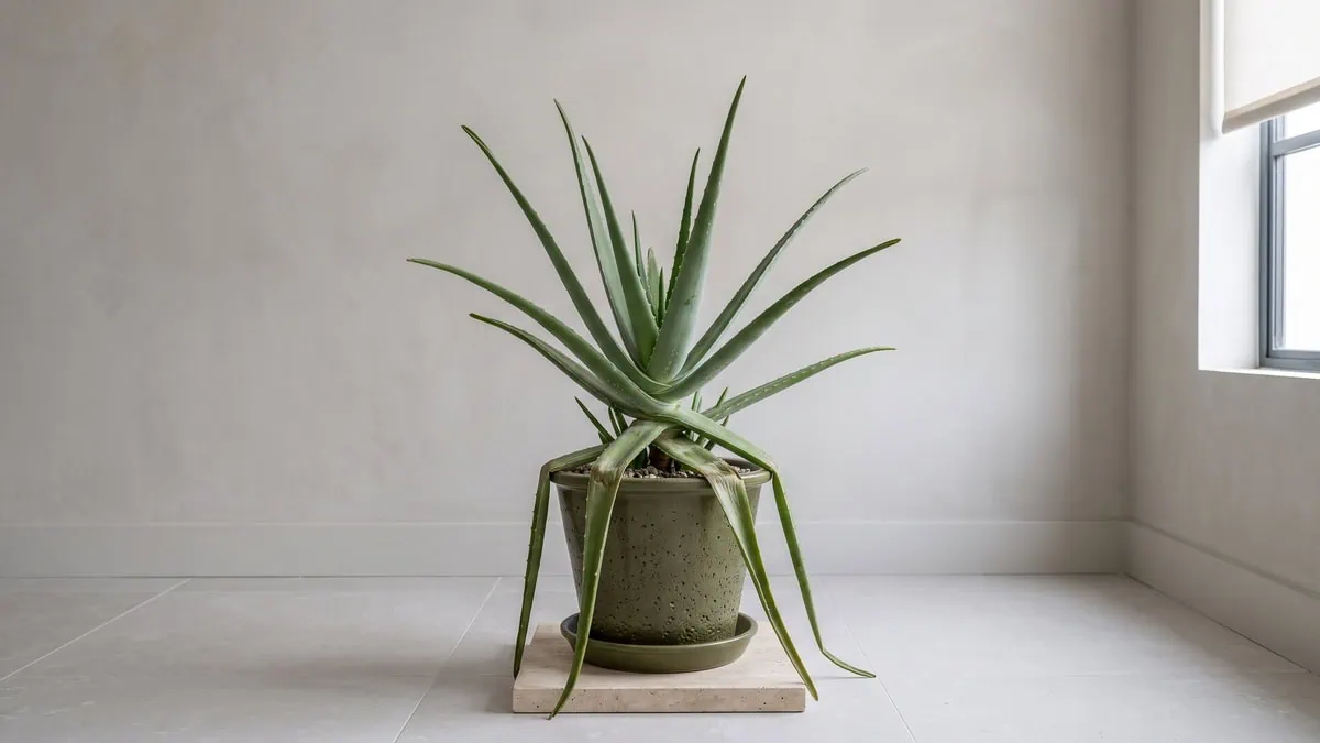 How to overwinter Aloe vera indoors without cold damage: the lowest leaf folded out by a closed window.