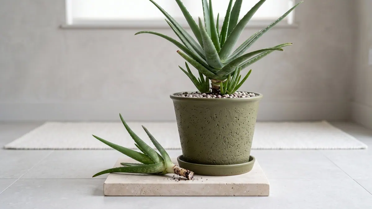How to propagate Aloe vera pups after separating them: a just-parted pup lying beside the parent, base bare.