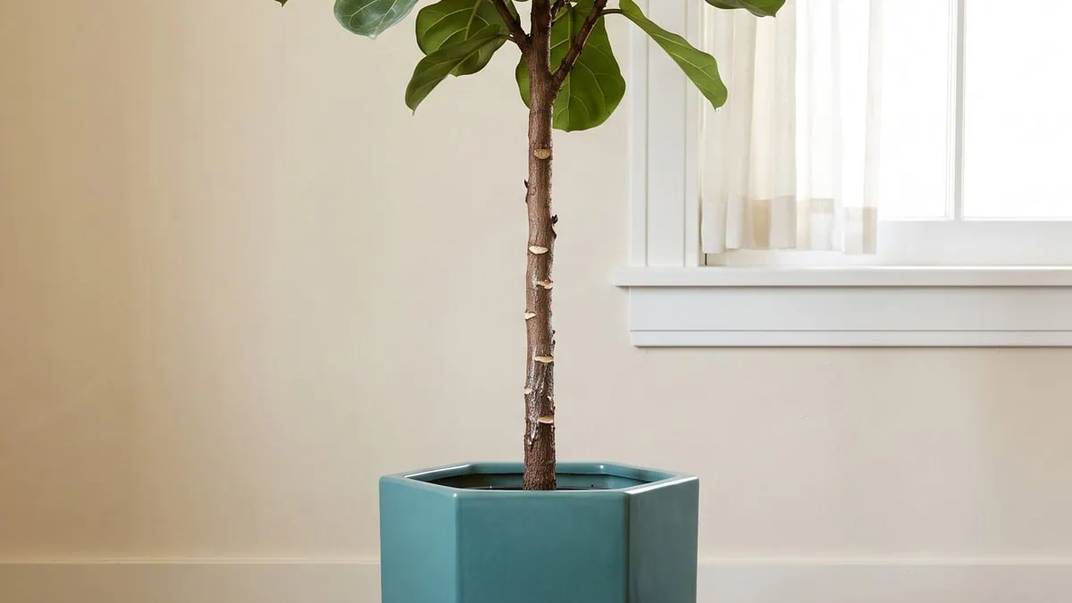 How to prune a fiddle leaf fig to encourage branching: one cut on a bare trunk has skinned over.
