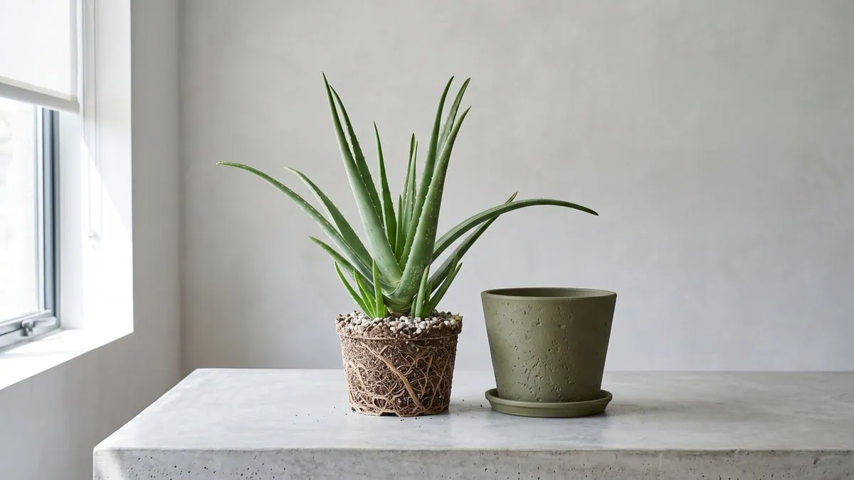 How to repot Aloe vera without transplant shock: the plant out of its pot, root ball whole, empty pot beside.