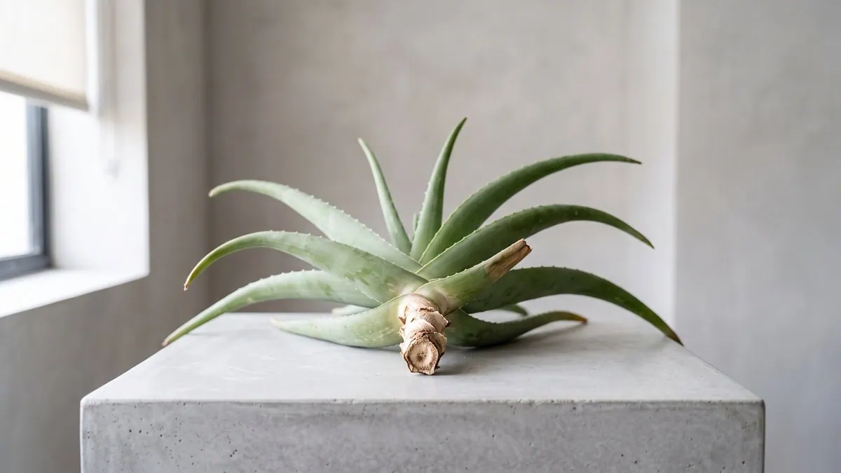 How to root a bare Aloe vera with no roots step by step: the rootless rosette lying with its base dry.