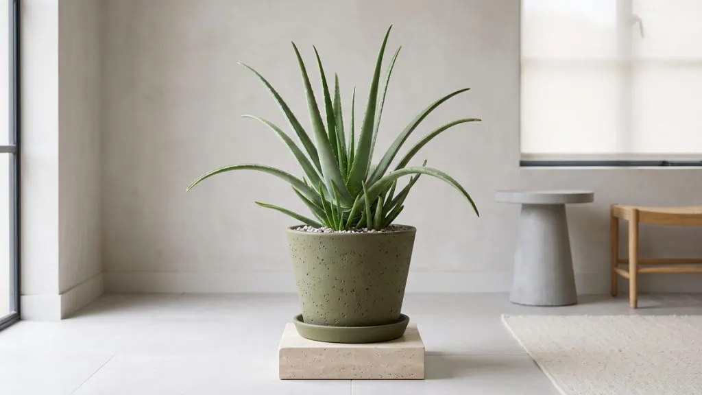 Indoor Aloe vera plant care guide: a large healthy Aloe vera stands in an olive green pot beside a window.