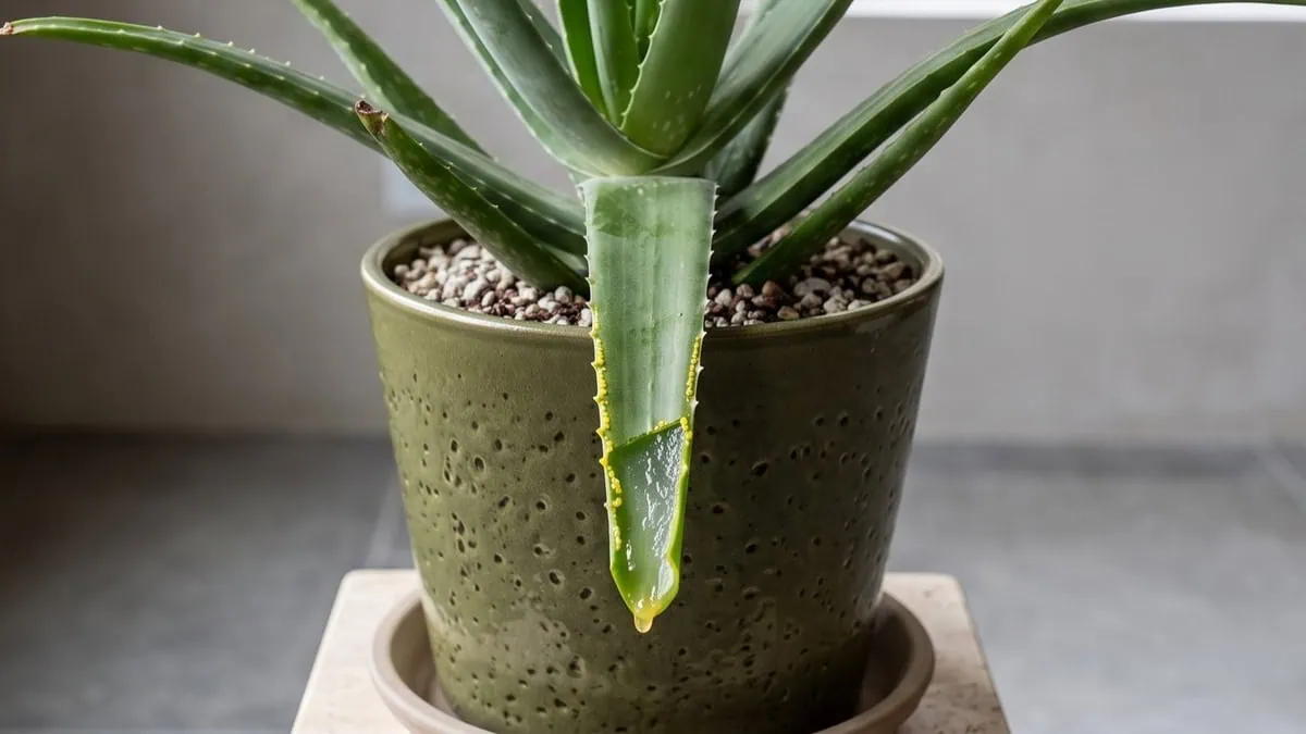 Is Aloe vera toxic to cats and dogs indoors: a freshly snapped leaf showing yellow fluid and clear gel.