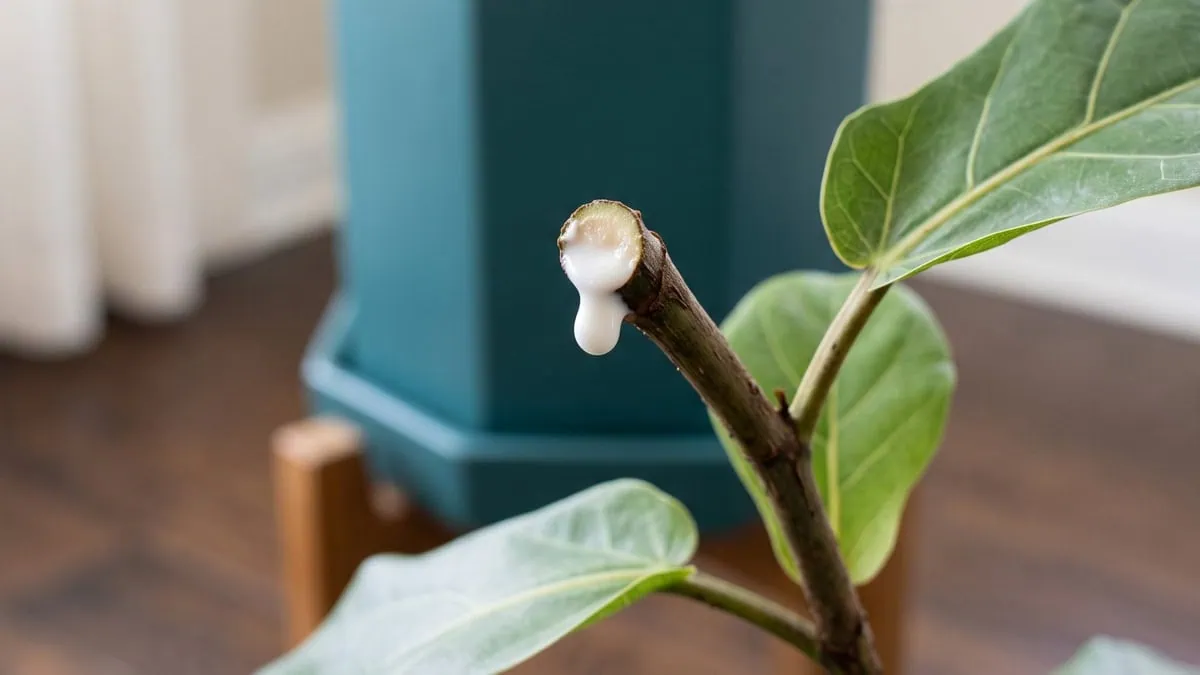 Is fiddle leaf fig sap dangerous to handle when pruning? One drop of milky sap sits at the cut.