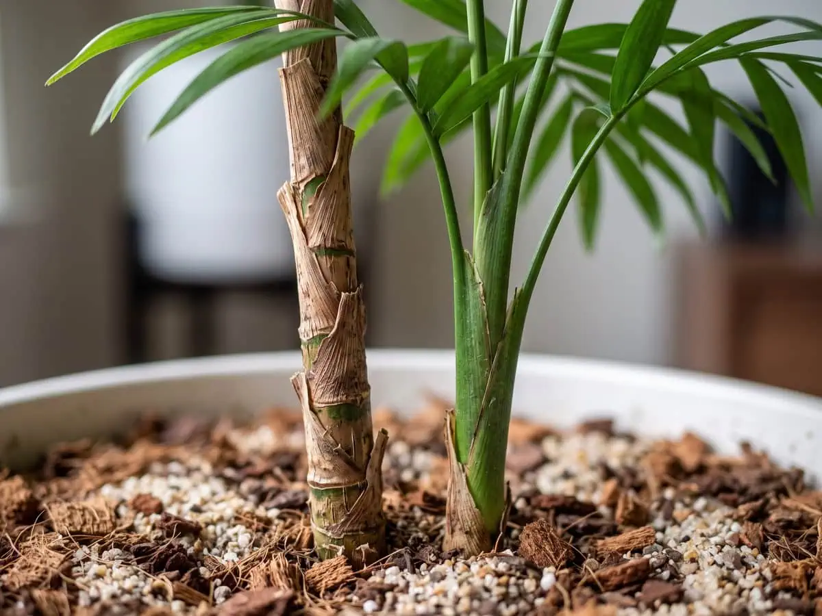 One bare leafless parlor palm stem beside one that still carries fronds, trimming myths that end a stem for good.