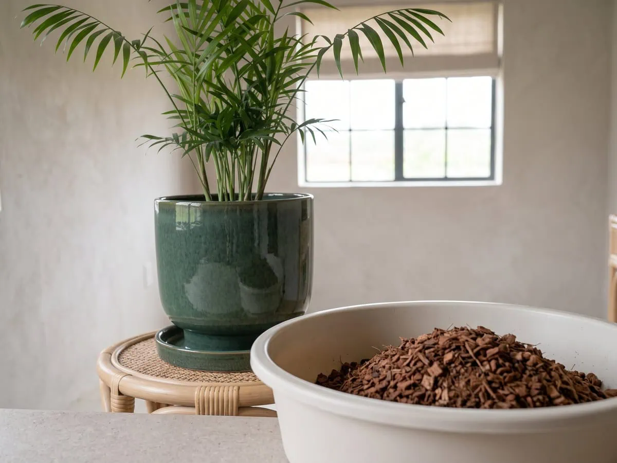 Pine bark chips poured into a shallow mixing tub, the bark share of a parlor palm mix measured by volume.