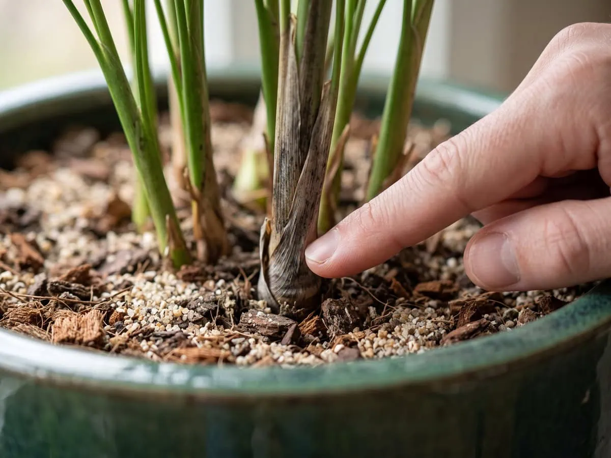 A finger pressing a darkened parlor palm stem base at the soil surface, one of the readings that is not tip browning.