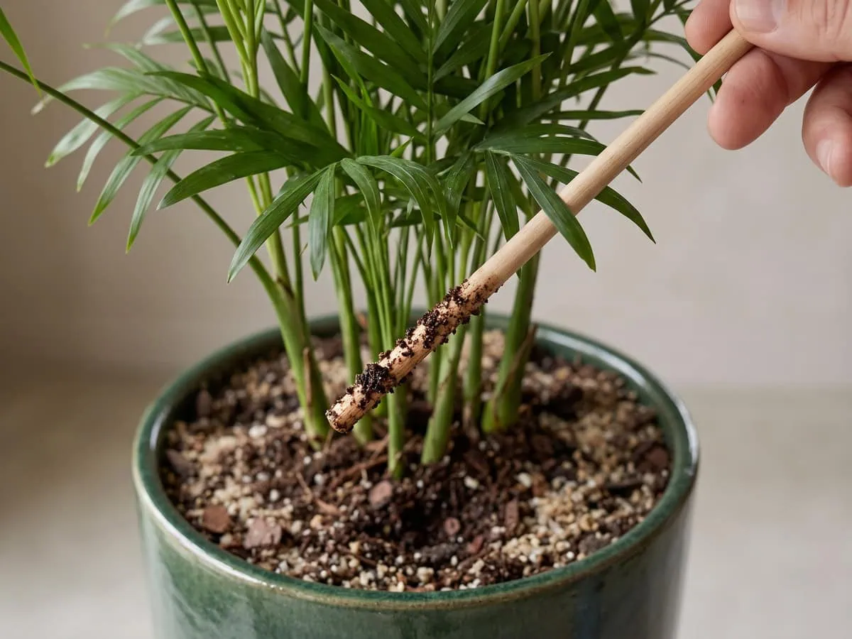 A wooden dowel pulled out with damp medium stuck to it, the moisture reading that sets a parlor palm watering interval.