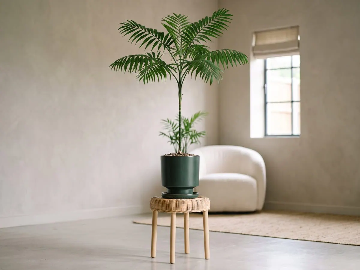 A crown of leaflets at the top of a single parlor palm stem, one claim the evidence does not support.
