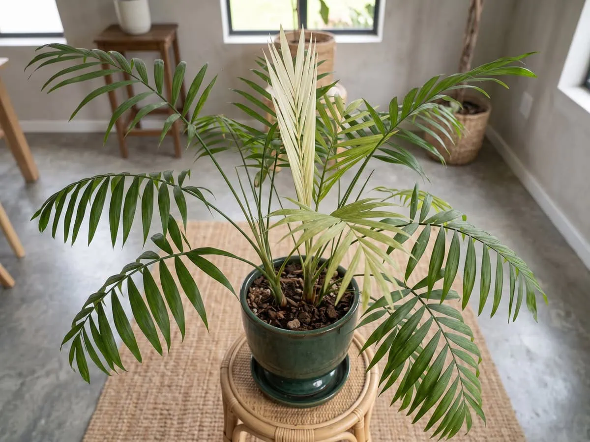 A badly faded new shoot standing at the top of a parlor palm, a pattern and position that tell the cause.
