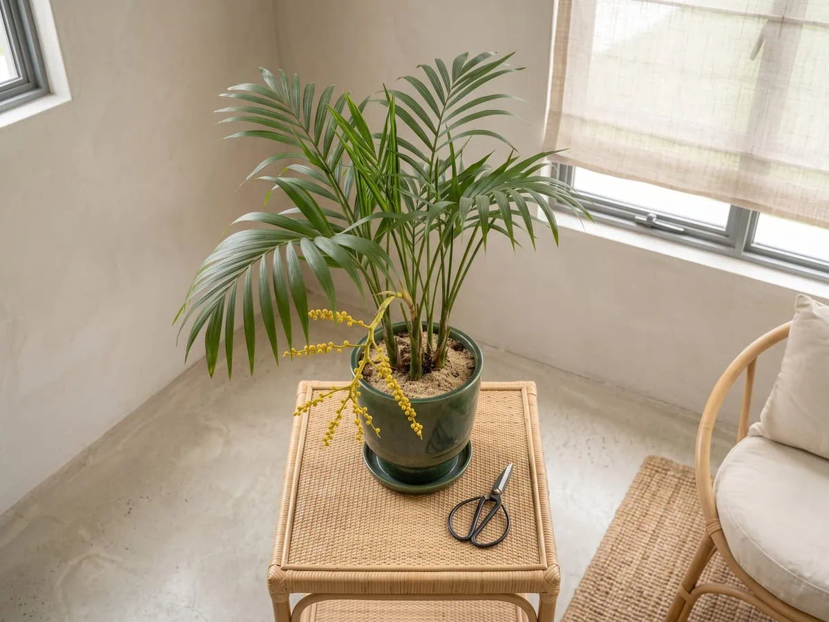 A flowering parlor palm with a pair of snips resting on the work surface, leave the spray or cut it off.