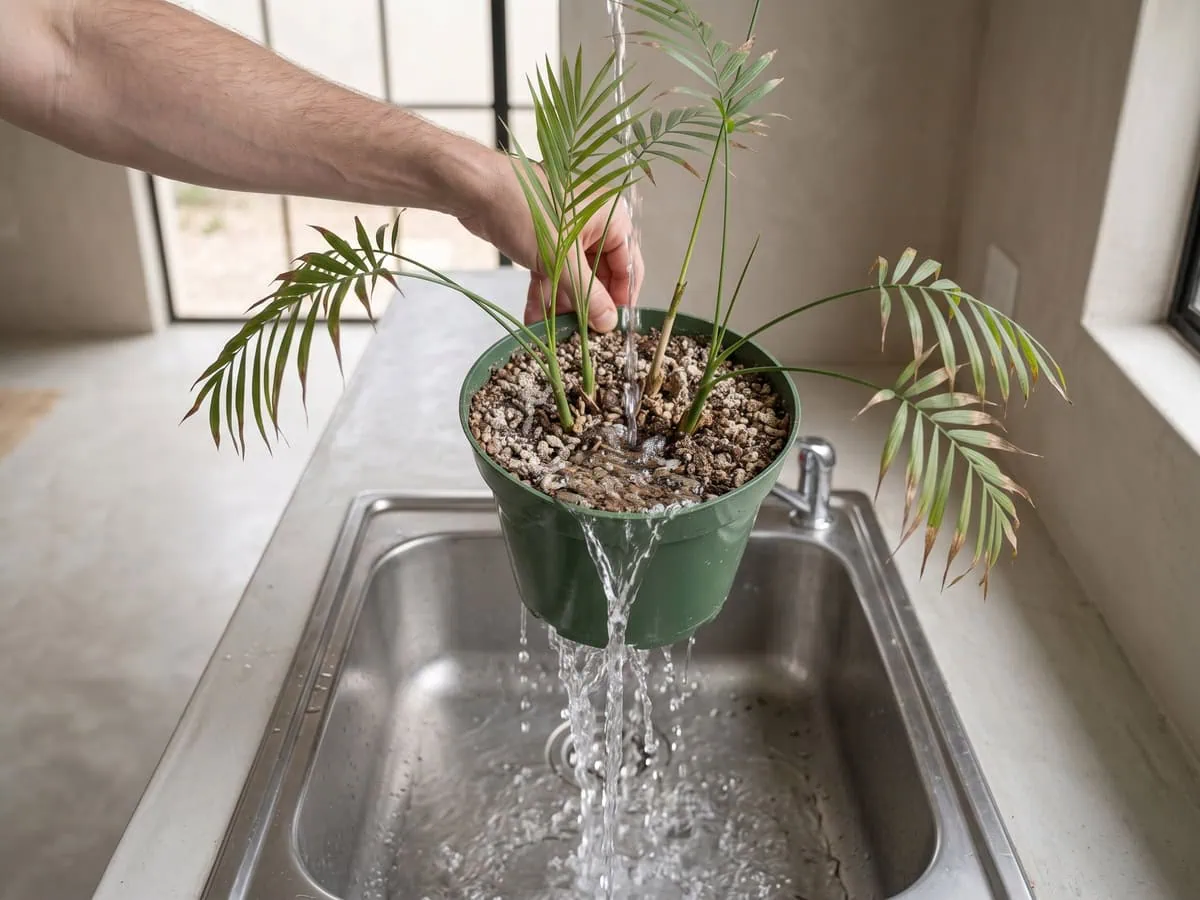 Water running out of the base of a nursery container over a sink, getting salts out of a parlor palm pot.