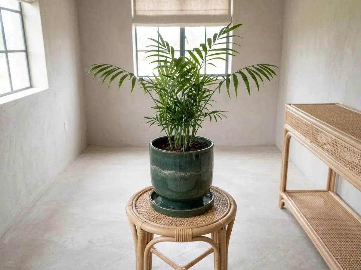 The outer wall of a deep green glazed parlor palm pot with one pale mineral trail, size first and material second.
