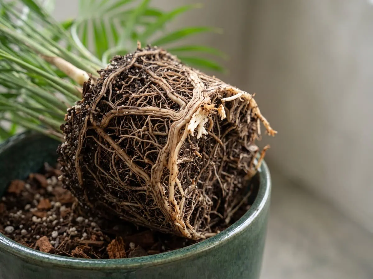 A lifted parlor palm root mass with broken root ends on the outside, the first two weeks after the move.