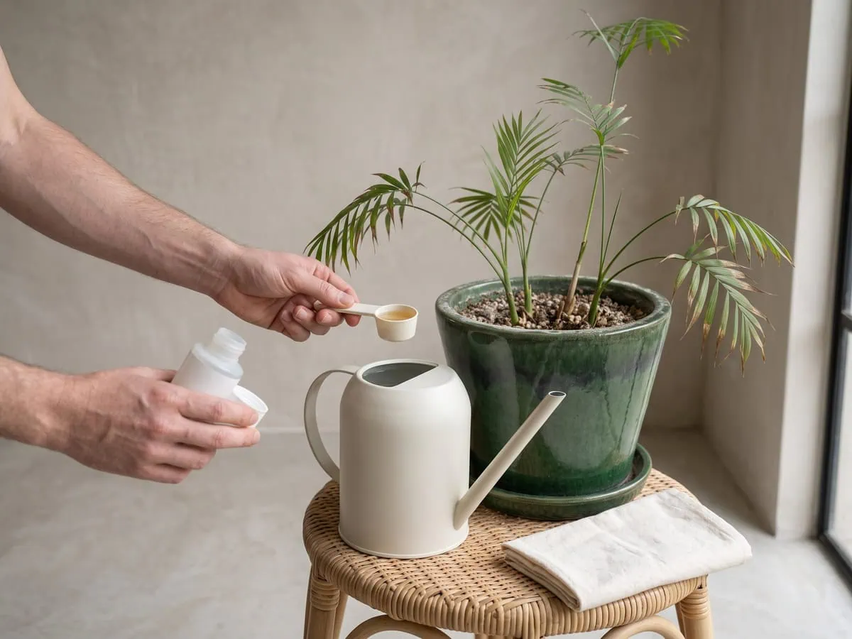 A measuring spoon of liquid feed above a full watering can, how strong to feed a parlor palm at half strength.