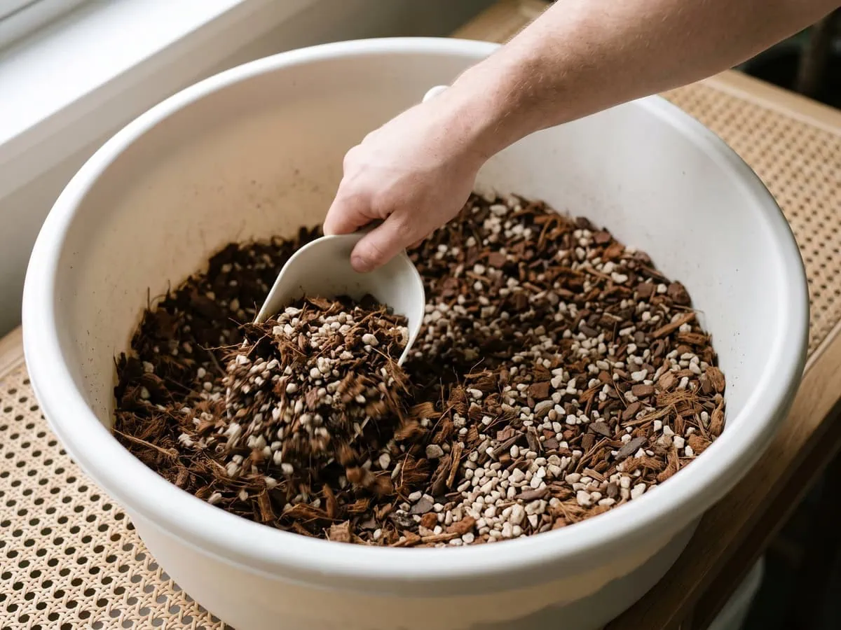 A scoop stirring coir, bark and coarse sand in a mixing tub, the medium behind water and container failures.