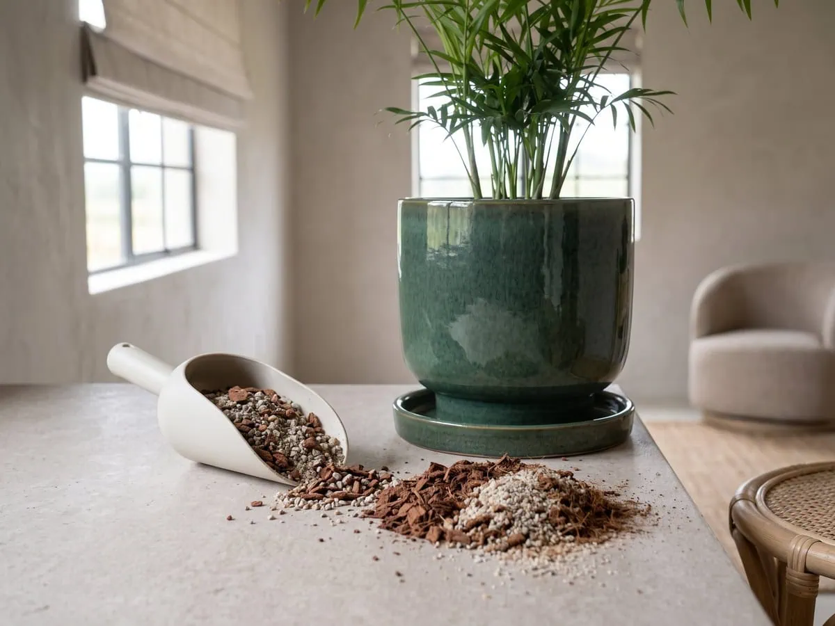 A scoop pouring coarse aggregate into the blended mix for a parlor palm, two parts coir to one part bark and sand.