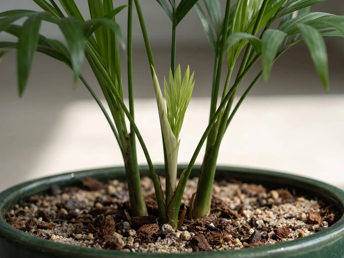 A new parlor palm shoot opened at the growing point beside a crisp shadow line, where the pot goes indoors and out.