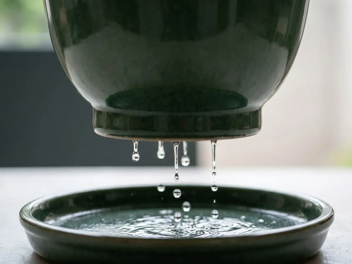 Water draining from the base of a newly potted parlor palm into its saucer, the weeks after on both halves of the pot.