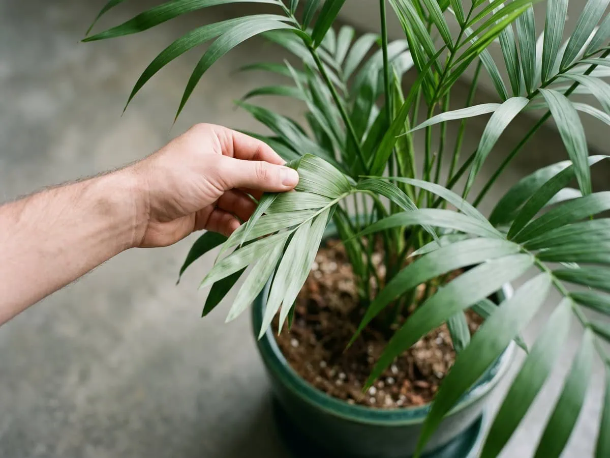 Fingers turning a parlor palm frond over to show its underside, the normal or fault reading that decides.