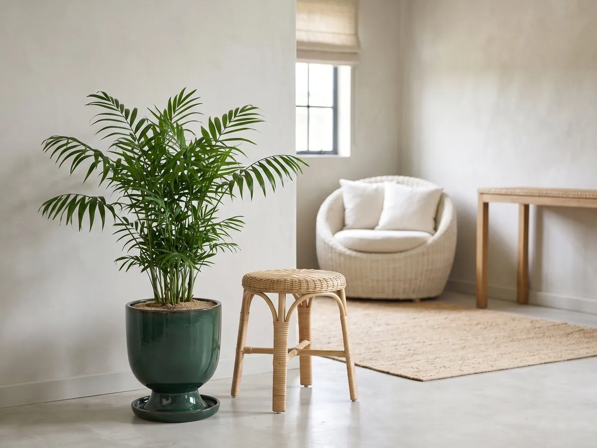 A knee-high parlor palm in its pot beside a rattan side table, normal size and pace rather than a fault.