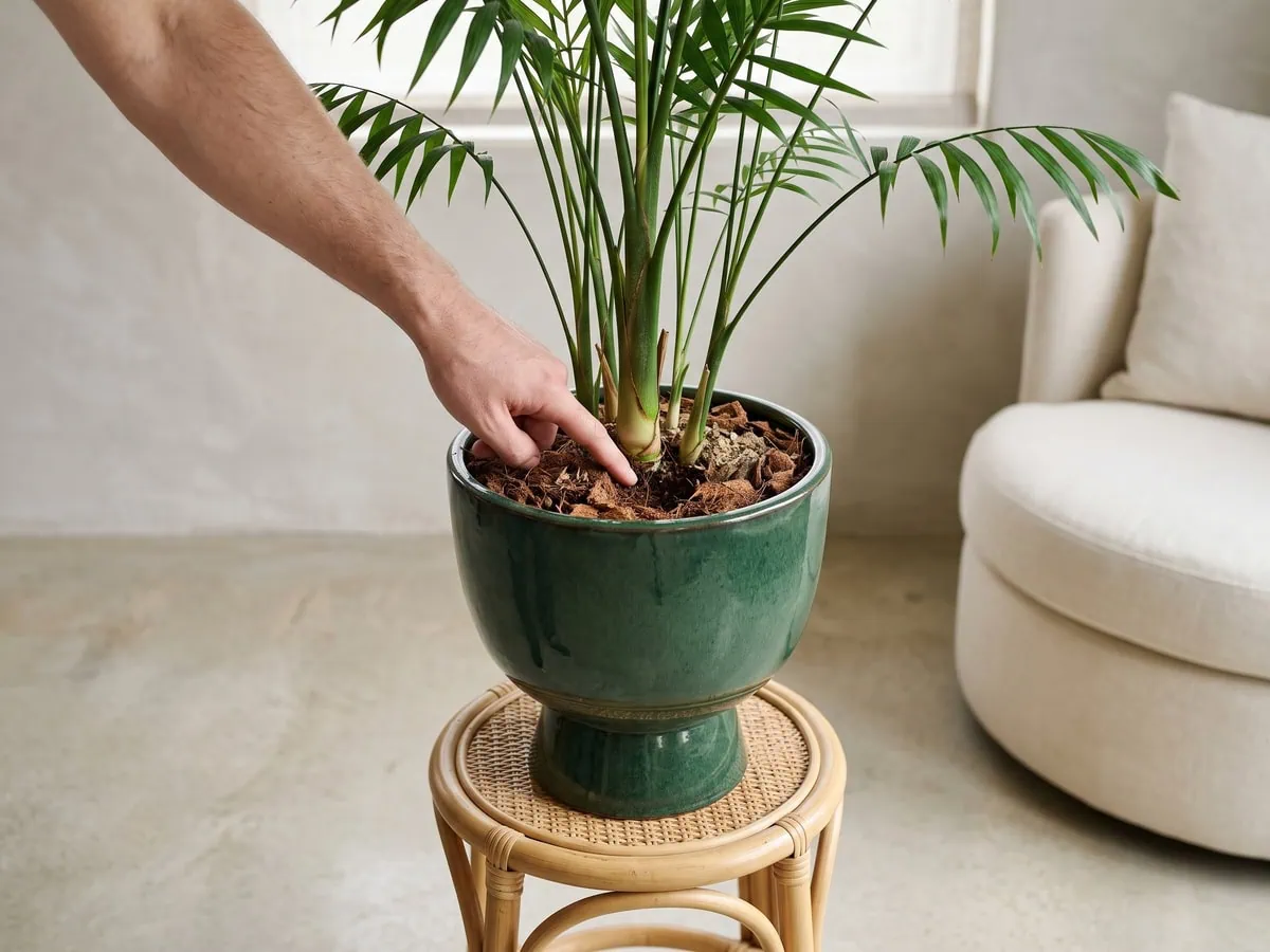 Fingers pushing medium aside at a parlor palm stem base to show the old soil line, pot depth after the move.