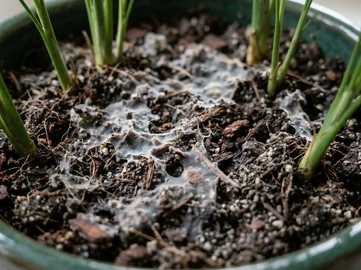 A pale film over the surface of damp growing medium in a parlor palm pot, what a failing medium looks like.