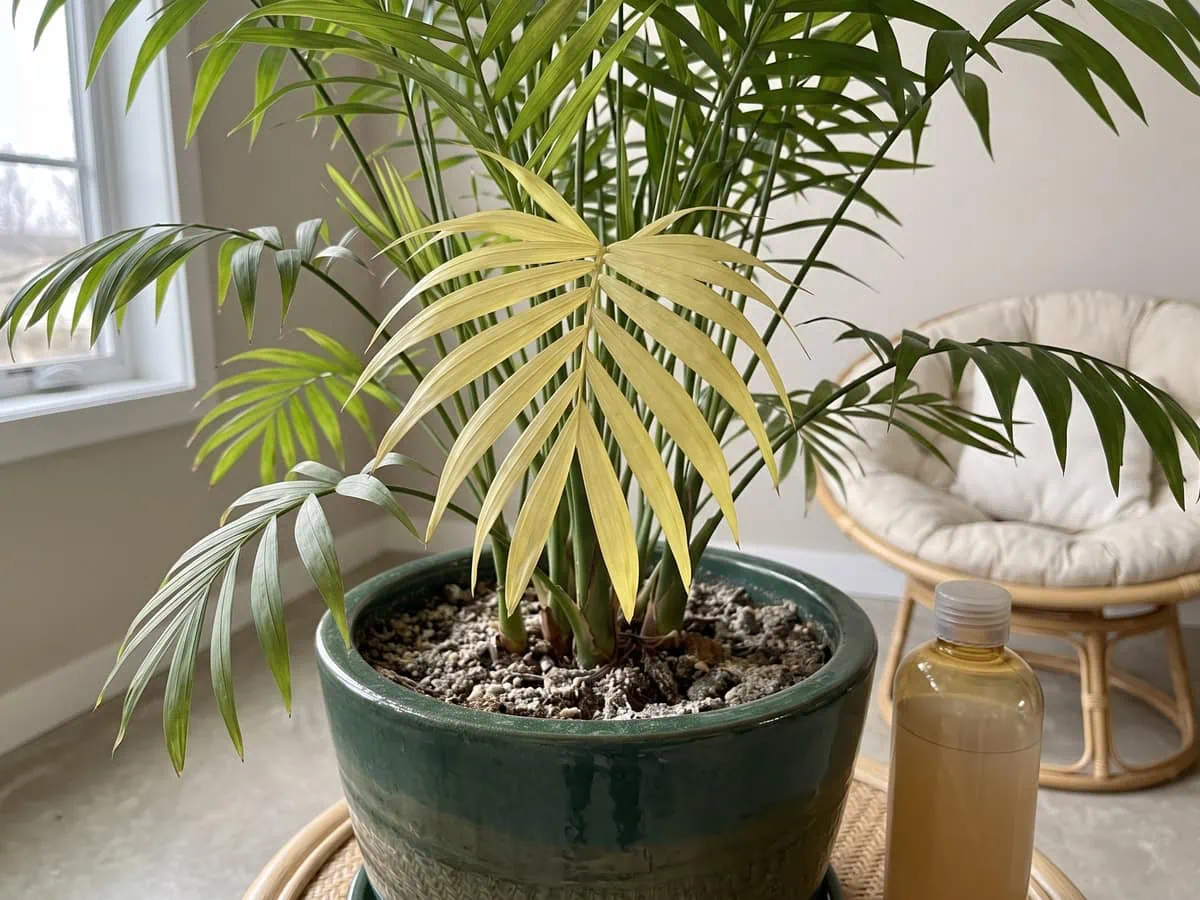 Evenly pale yellow parlor palm fronds beside a clean surface and one feed bottle, feeding mistakes read on the fronds.